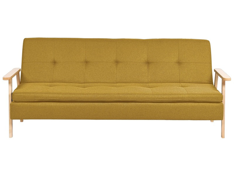 Sofa Bed Yellow Fabric Upholstered 3 Seater Click Clack Bed Wooden Frame and Armrests Beliani