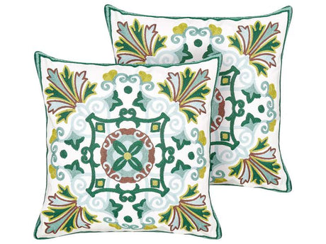 Set of 2 Scatter Cushions Green Cotton Fabric Oriental Pattern 45 x 45 cm Throw Pillow Beliani