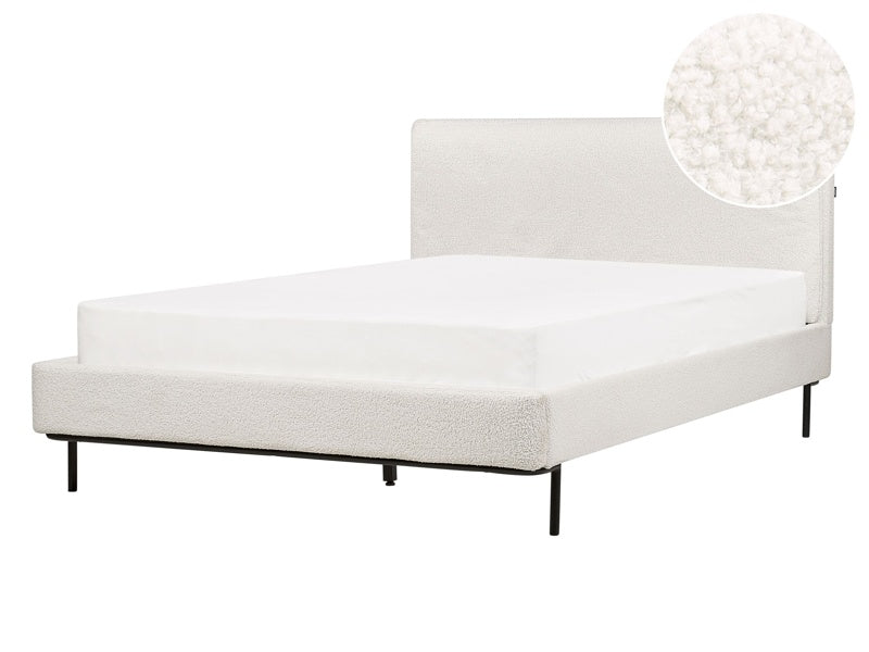 Slatted Bed Frame White Polyester Boucle Fabric Upholstered 4ft6 EU Double Size Modern Design Beliani