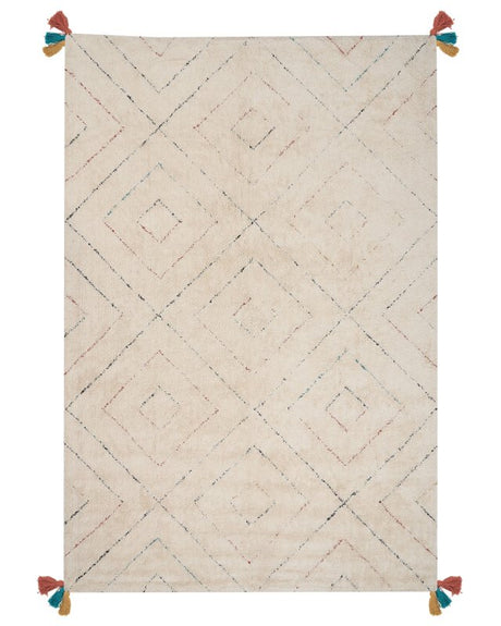 Area Rug Beige Cotton Shaggy 200 x 300 cm Multicolour Geometric Pattern Beliani