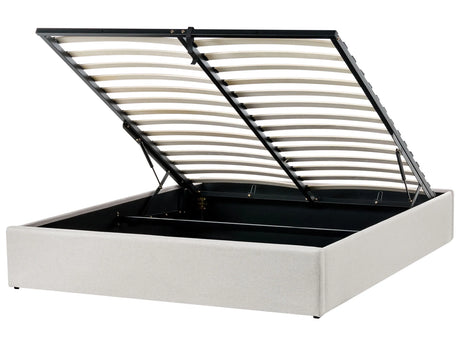 Slatted Bed Frame Light Beige Polyester Fabric Upholstered Ottoman Storage 5ft3 EU King Size Modern Design Beliani