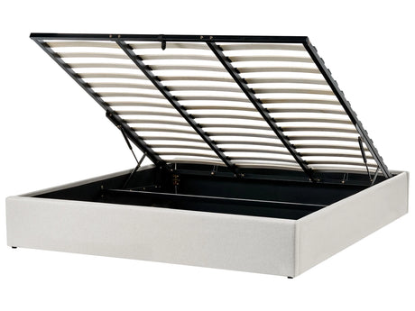 Slatted Bed Frame Light Beige Polyester Fabric Upholstered Ottoman Storage 6ft EU Super King Size Modern Design Beliani