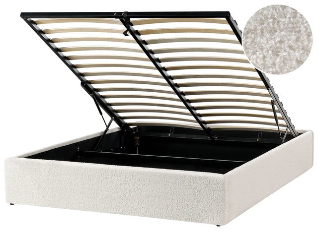 Slatted Bed Frame Off-White Boucle Upholstered Ottoman Storage 4ft6 EU Double Size Modern Design Beliani