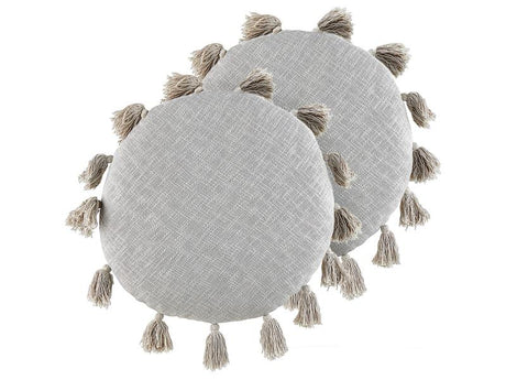 Set of 2 Decorative Cushions Grey Cotton 45 cm Round with Tassels Modern Boho Decor Accessories Beliani