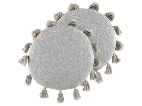 Set of 2 Decorative Cushions Grey Cotton 45 cm Round with Tassels Modern Boho Decor Accessories Beliani