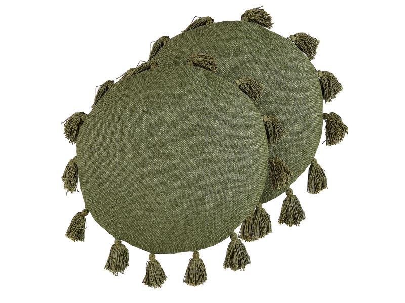 Set of 2 Decorative Cushions Green Cotton 45 cm Round with Tassels Modern Boho Decor Accessories Beliani