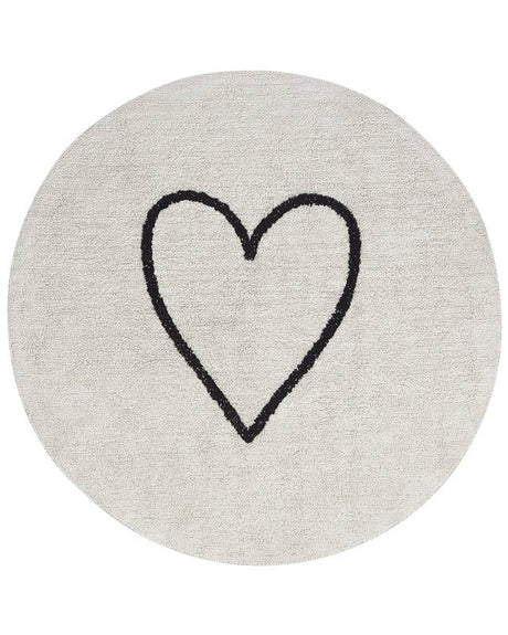 Area Rug Beige and Black Cotton ø 140 cm Round with Heart Pattern Boho Style Living Room Kids Children's Room Beliani