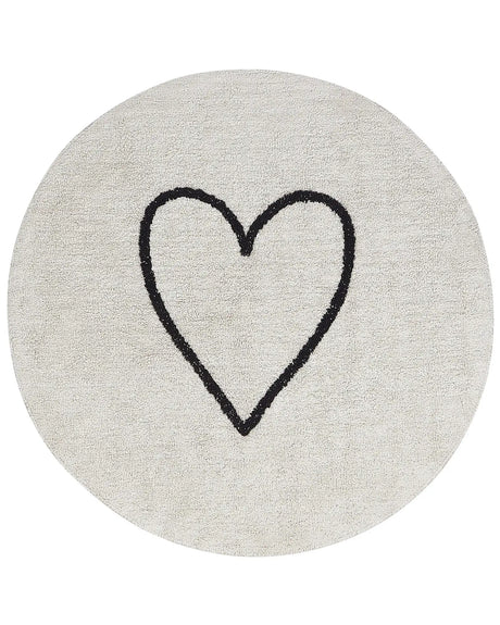 Area Rug Beige and Black Cotton  140 cm Round with Heart Pattern Boho Style Living Room Kids Children's Room Beliani