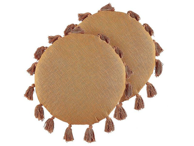 Set of 2 Decorative Cushions Orange Cotton 45 cm Round with Tassels Modern Boho Decor Accessories Beliani