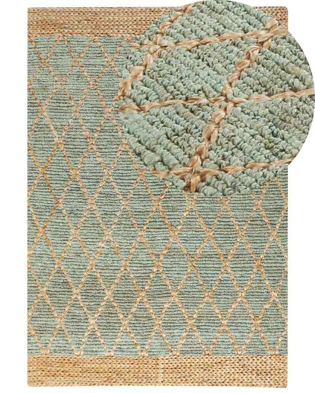 Area Rug Green and Beige Jute 160 x 230 cm Geometric Pattern Hand Woven Boho Living Room Bedroom Beliani