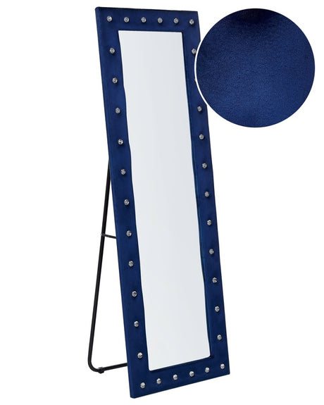 Standing Mirror Blue Velvet 50 x 150 cm with Stand Acrylic Glass Rhinestones Decorative Frame Glamour Wall Décor Beliani