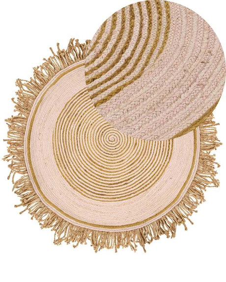 Area Rug Beige Jute ø 140 cm Round Handwoven with Decorative Tassels Boho Style Hallway Living Room Bedroom Beliani