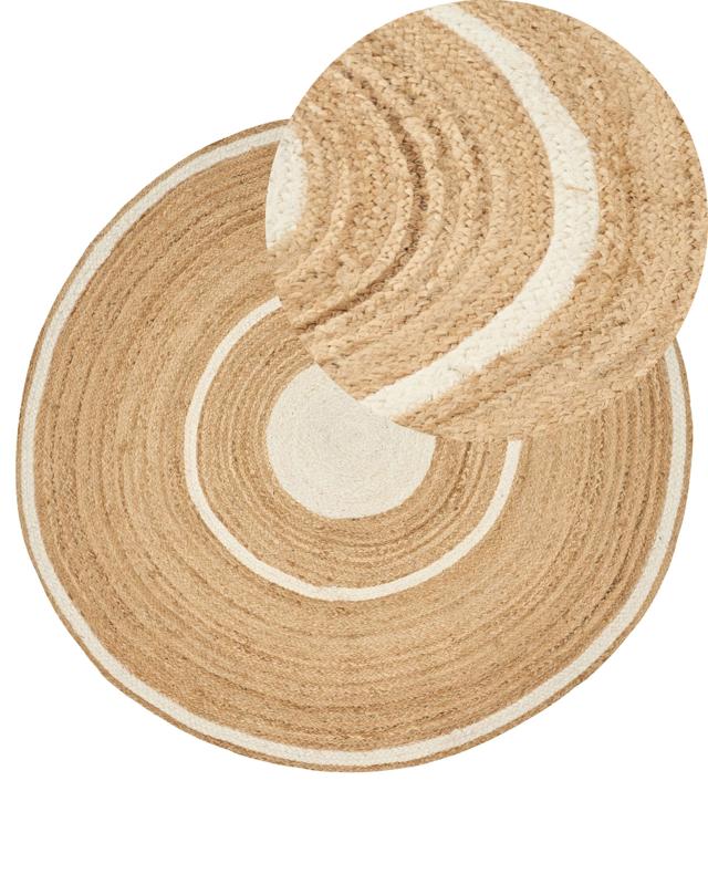 Area Rug Beige and White Jute  140 cm Round Handwoven Decorative Boho Style Hallway Living Room Bedroom Beliani
