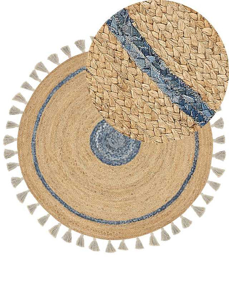 Area Rug Beige and Blue Jute ø 140 cm Round Handwoven with Decorative Tassels Boho Style Hallway Living Room Bedroom Beliani