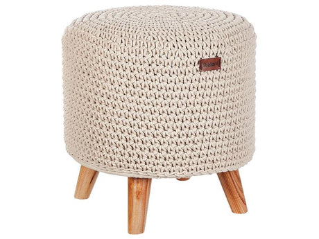 Footstool Beige Cotton Seat Wooden Legs 40 x 40 x 40 cm Handmade Boho Style Home Accessory Beliani