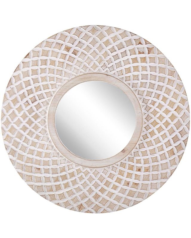 Wall Mirror Light Wood Round 60 cm Handmade Frame White Quatrefoil Geometric Pattern Boho Rustic Beliani