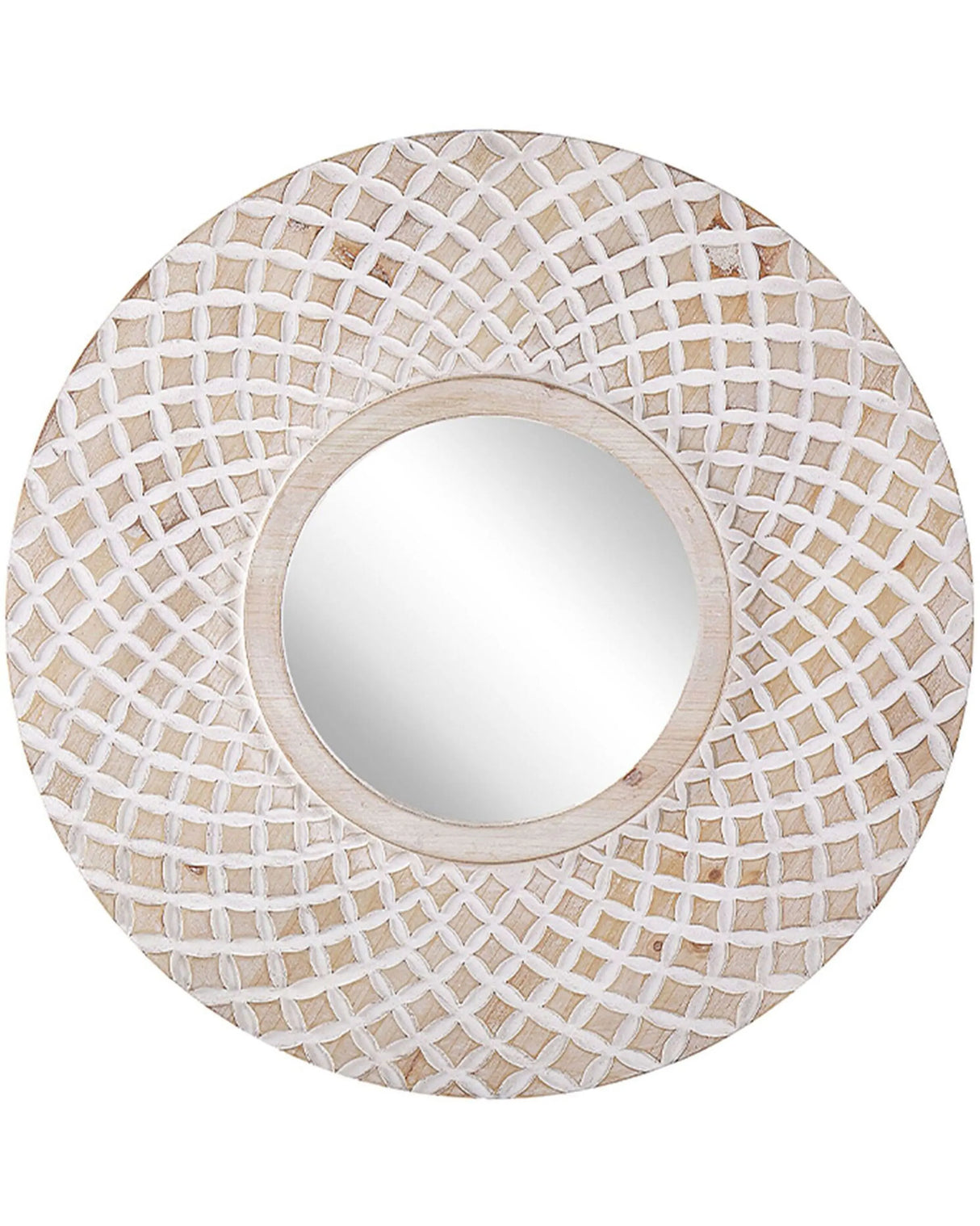 Wall Mirror Light Wood Round 60 cm Handmade Frame White Quatrefoil Geometric Pattern Boho Rustic Beliani