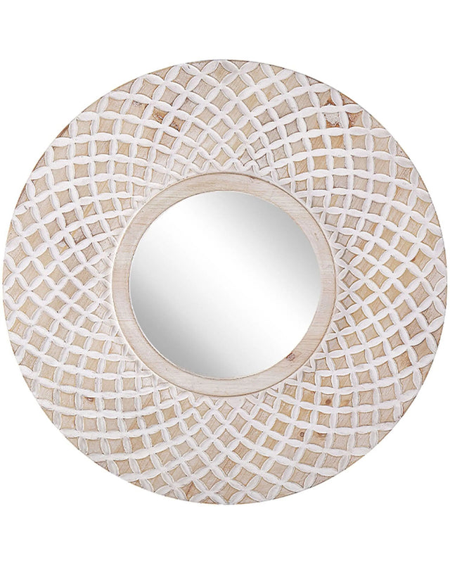 Wall Mirror Light Wood Round 60 cm Handmade Frame White Quatrefoil Geometric Pattern Boho Rustic Beliani