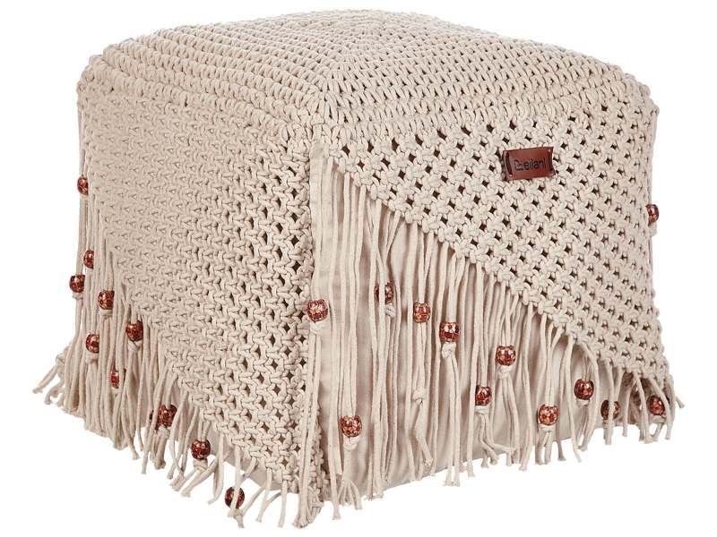 Pouf Ottoman Footstool Beige Cotton 40 x 40 x 40 cm Hand Woven Beads Filling Square Beliani