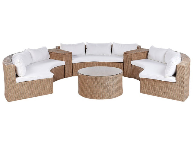 Garden Lounge Set Sand Beige PE Rattan U-Shaped 9 Seater Sofa Storage Box Round Table White Cushions Outdoor Conversation Set Beliani