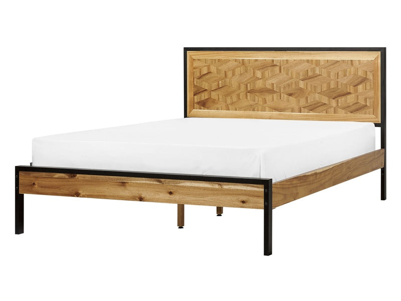 EU Double Size Bed Dark MDF 4ft5 Frame with Headrest and Slatted Base Metal Black Legs Beliani