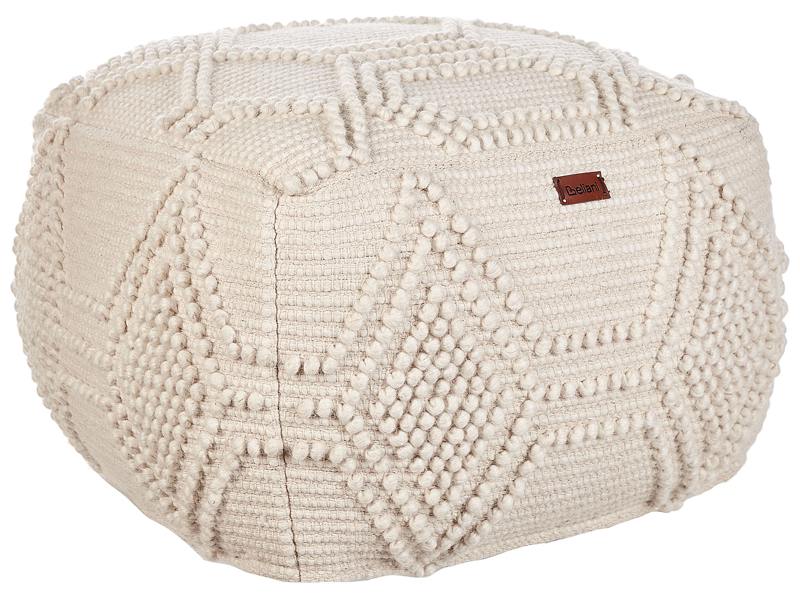 Pouf Ottoman Footstool Beige Wool 60 x 60 x 40 cm Hand Woven Beads Filling Square Beliani