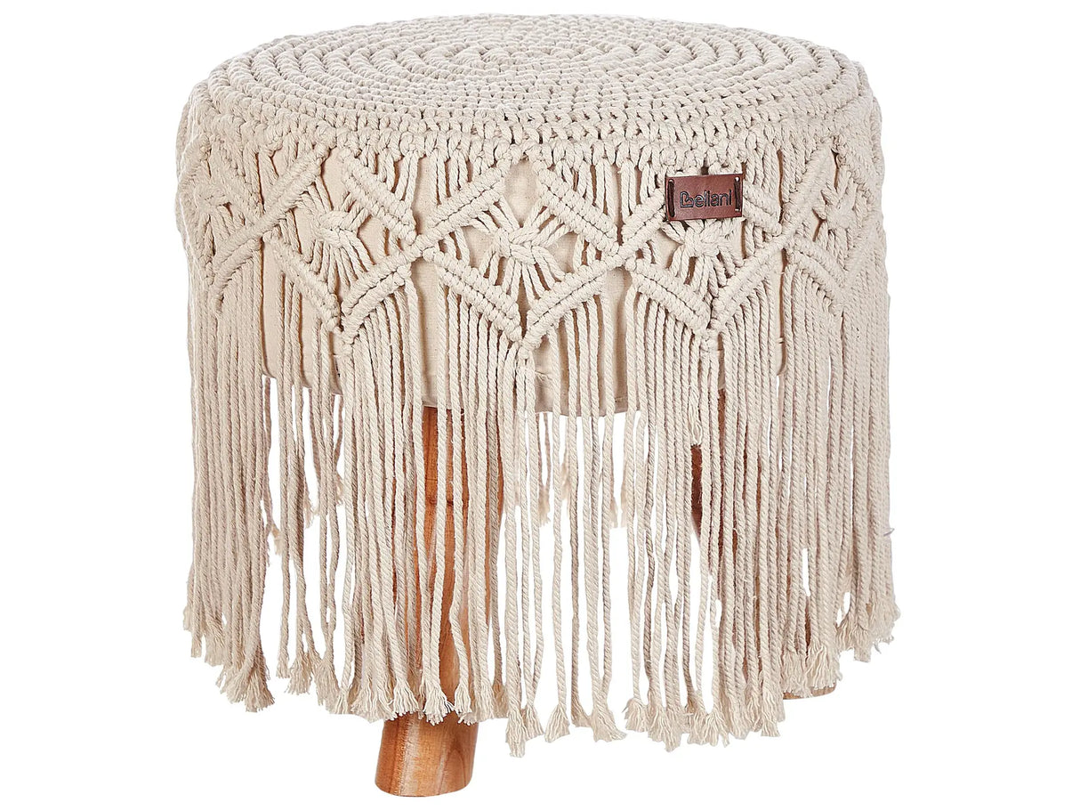 Footstool Beige Cotton Seat Wooden Legs 40 x 40 x 50 cm Handmade Boho Style Home Accessory Beliani