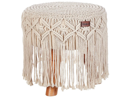 Footstool Beige Cotton Seat Wooden Legs 40 x 40 x 50 cm Handmade Boho Style Home Accessory Beliani