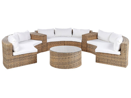 Garden Lounge Set Golden Brown PE Rattan U-Shaped 9 Seater Sofa Storage Box Round Table White Cushions Outdoor Conversation Set Beliani