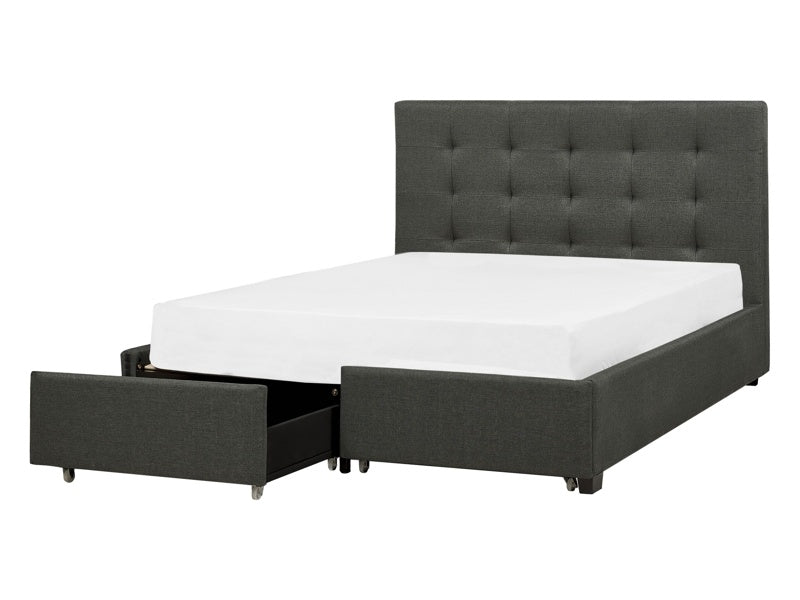 EU Double Size Bed Dark Grey Fabric 4ft6 Upholstered Frame Buttoned Headrest with Storage Drawers Beliani