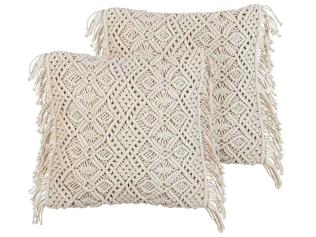 Decorative Cushion Set of 2 Beige Cotton Macramé 45 x 45 cm with Tassels Rope Boho Retro Decor Accessories Beliani