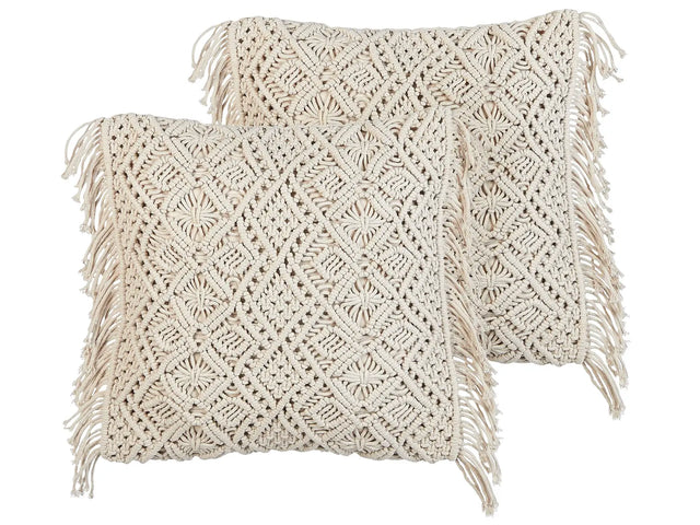 Decorative Cushion Set of 2 Beige Cotton Macram 45 x 45 cm with Tassels Rope Boho Retro Decor Accessories Beliani