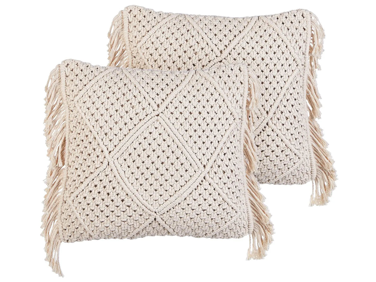 Decorative Cushion Set of 2 Beige Cotton Macram 45 x 45 cm with Tassels Rope Boho Retro Decor Accessories Beliani