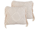 Decorative Cushion Set of 2 Beige Cotton Macram 45 x 45 cm with Tassels Rope Boho Retro Decor Accessories Beliani