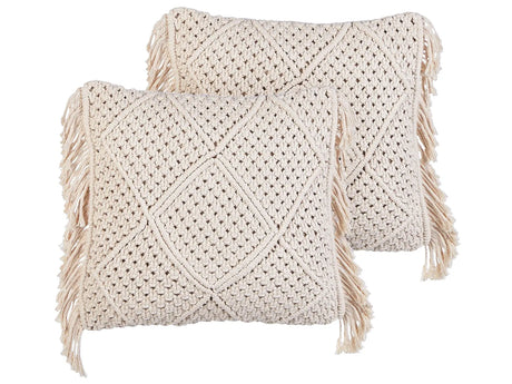 Decorative Cushion Set of 2 Beige Cotton Macram 45 x 45 cm with Tassels Rope Boho Retro Decor Accessories Beliani
