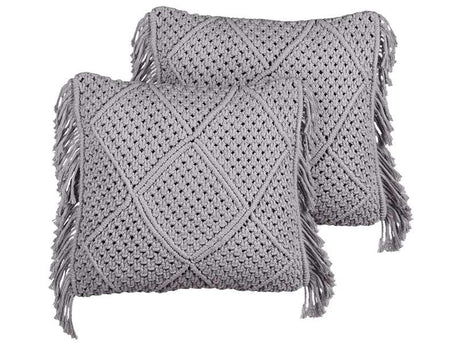 Decorative Cushion Set of 2 Grey Cotton Macramé 45 x 45 cm with Tassels Rope Boho Retro Decor Accessories Beliani