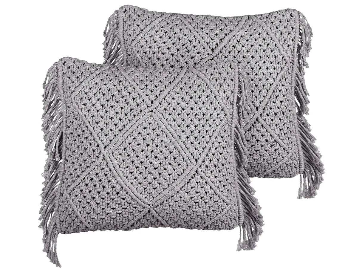 Decorative Cushion Set of 2 Grey Cotton Macram 45 x 45 cm with Tassels Rope Boho Retro Decor Accessories Beliani