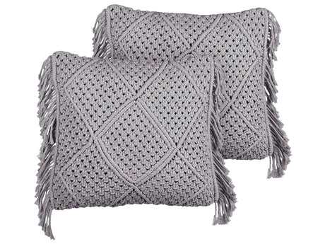 Decorative Cushion Set of 2 Grey Cotton Macram 45 x 45 cm with Tassels Rope Boho Retro Decor Accessories Beliani