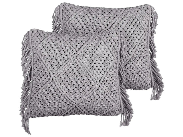 Decorative Cushion Set of 2 Grey Cotton Macram 45 x 45 cm with Tassels Rope Boho Retro Decor Accessories Beliani