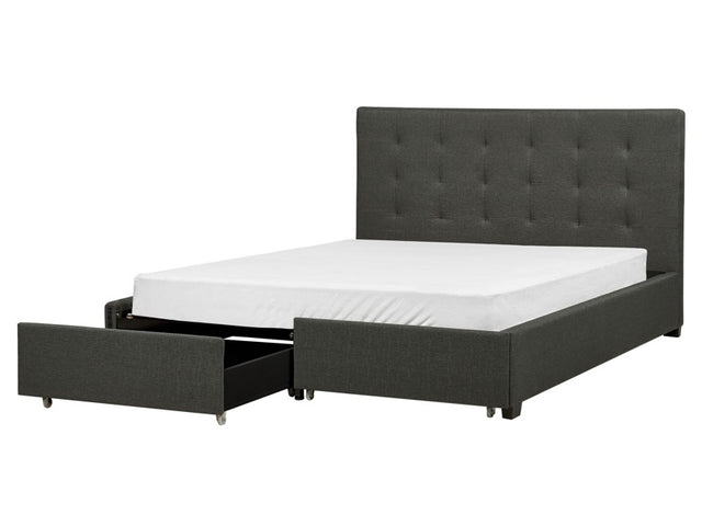 EU King Size Bed Dark Grey Fabric 5ft3 Upholstered Frame Buttoned Headrest with Storage Drawers Beliani