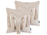 Decorative Cushion Set of 2 Beige Cotton Macram 45 x 45 cm with Tassels Rope Boho Retro Decor Accessories Beliani