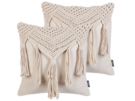 Decorative Cushion Set of 2 Beige Cotton Macram 45 x 45 cm with Tassels Rope Boho Retro Decor Accessories Beliani