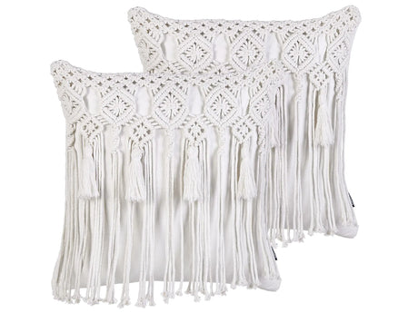 Decorative Cushion Set of 2 White Cotton Macram 45 x 45 cm with Tassels Rope Boho Retro Decor Accessories Beliani