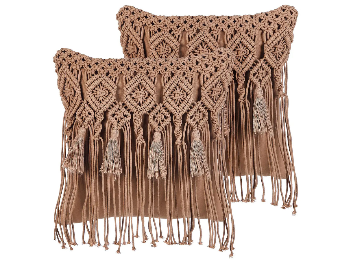 Decorative Cushion Set of 2 Brown Cotton Macram 45 x 45 cm with Tassels Rope Boho Retro Decor Accessories Beliani