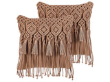 Decorative Cushion Set of 2 Brown Cotton Macram 45 x 45 cm with Tassels Rope Boho Retro Decor Accessories Beliani