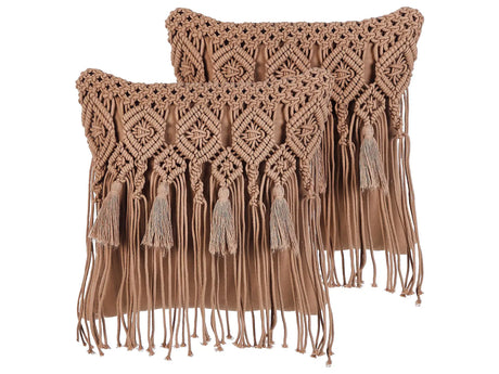 Decorative Cushion Set of 2 Brown Cotton Macram 45 x 45 cm with Tassels Rope Boho Retro Decor Accessories Beliani