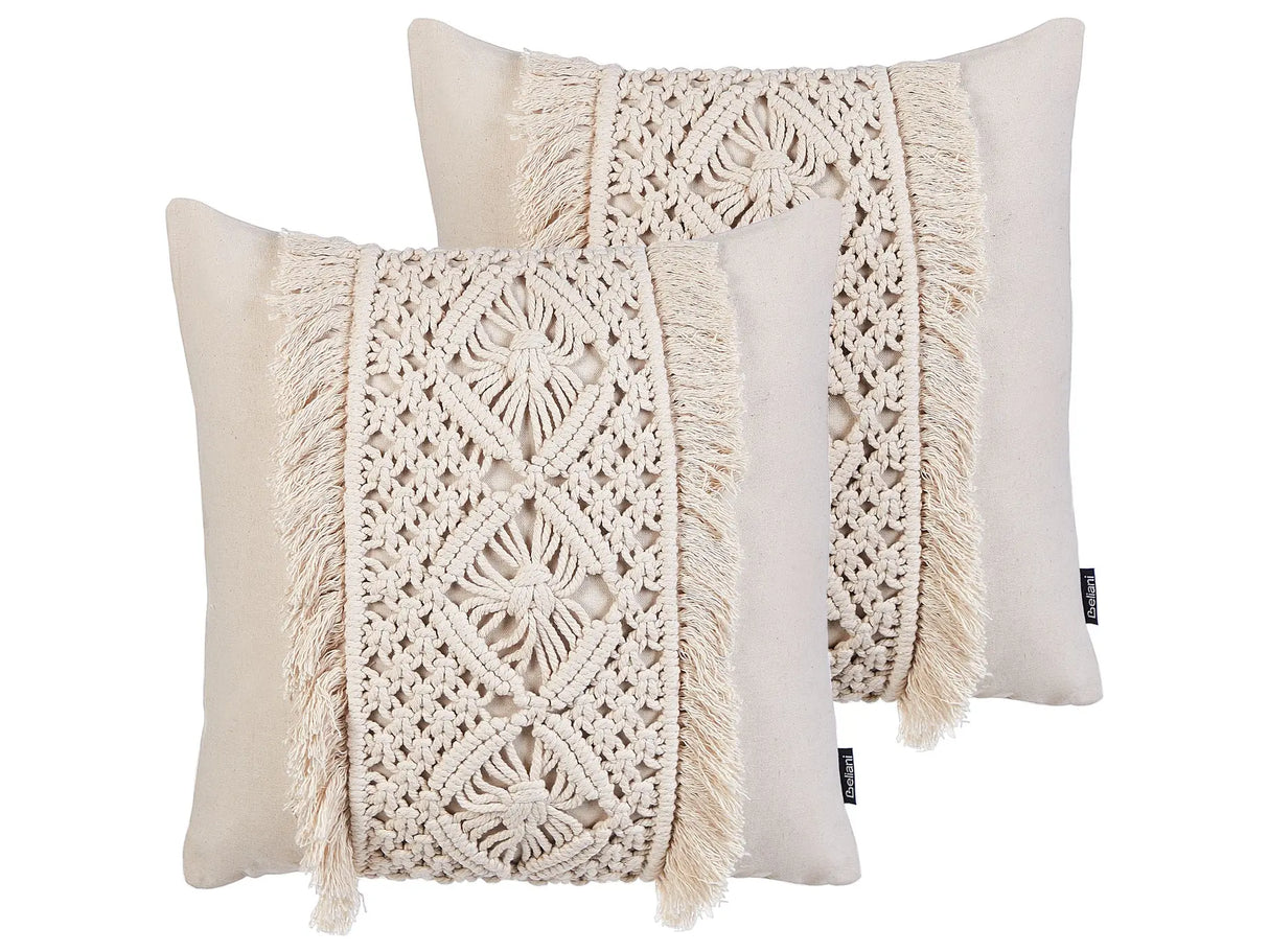 Decorative Cushion Set of 2 Beige Cotton Macram 45 x 45 cm with Tassels Rope Boho Retro Decor Accessories Beliani