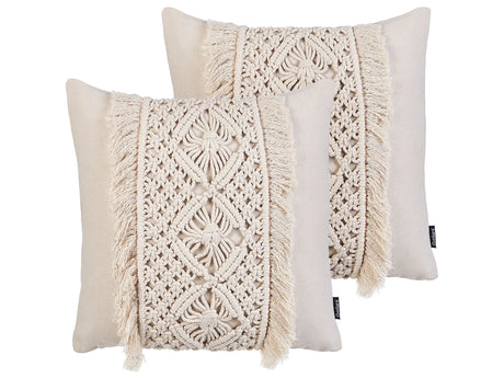 Decorative Cushion Set of 2 Beige Cotton Macram 45 x 45 cm with Tassels Rope Boho Retro Decor Accessories Beliani