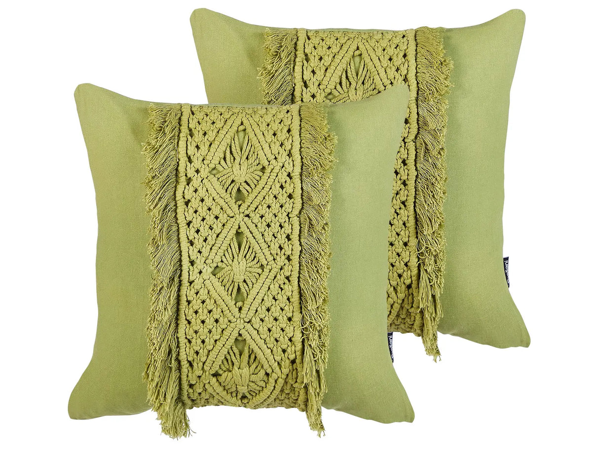 Decorative Cushion Set of 2 Green Cotton Macram 45 x 45 cm with Tassels Rope Boho Retro Decor Accessories Beliani