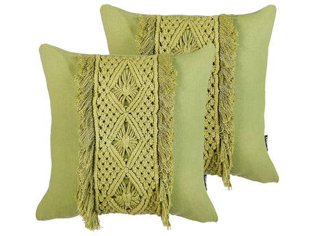 Decorative Cushion Set of 2 Green Cotton Macram 45 x 45 cm with Tassels Rope Boho Retro Decor Accessories Beliani
